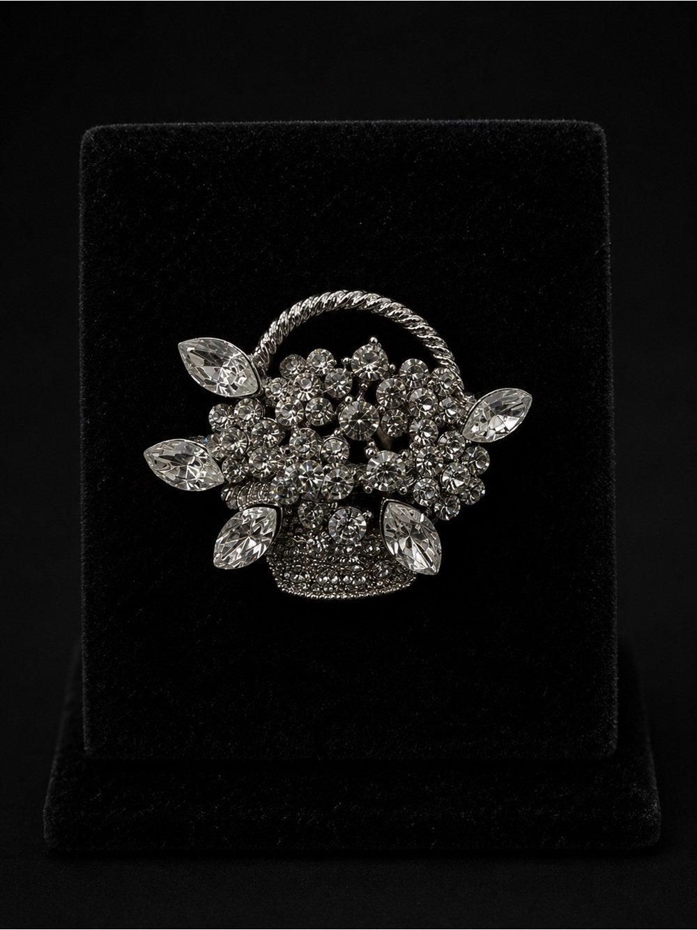 Crystal Flower Basket Brooch - Sparkling Silver-Tone Accent